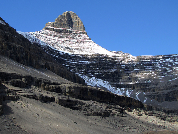 High in a cirque to the north of the Silverhorn Creek Valley, you get your first glimpse of Mount Noyes.