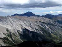 Mount Costigan (tall one in shadow) is one of the higher peaks in the area and seldom climbed as it is quite remote.