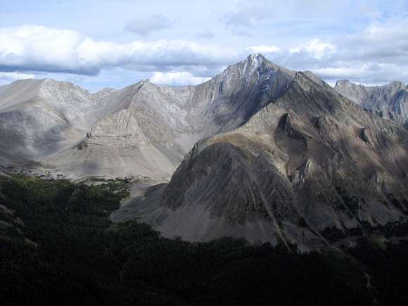 Arethusa Cirque can be seen to the left of Storm Mountain in this view from the top of Highwood Ridge.
