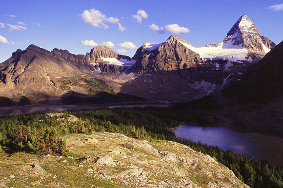 Mount Assiniboine is my favorite mountain, especially when seen from this angle above Sunburst Lake. The shorter peaks on the left are The Towers, Naiset Point, Terrapin Mountain, and Mount Magog.