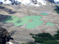 Here is a closer look at the Horseshoe Lakes. It appears that the more directly alpine lakes are filled with glacial melt, the more milky their appearance from all the suspended "rock flour."