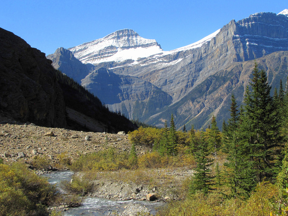 Mount Breaker is a nice looking peak on the other side of the Icefields Parkway. This is the view looking west from Silverhorn Creek drainage in the upper valley.