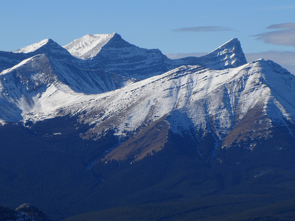 Mount Lougheed's three summits are probably the most eye-catching part of the panorama on Boundary. Below Lougheed is Mount Allan on the left and Mount Collembola's two summits on the right.