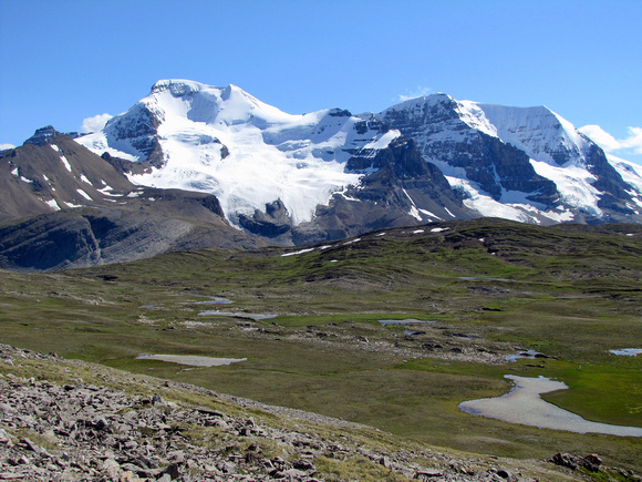An aerial view of Wilcox Pass with Athabasca and Andromeda as a backdrop.