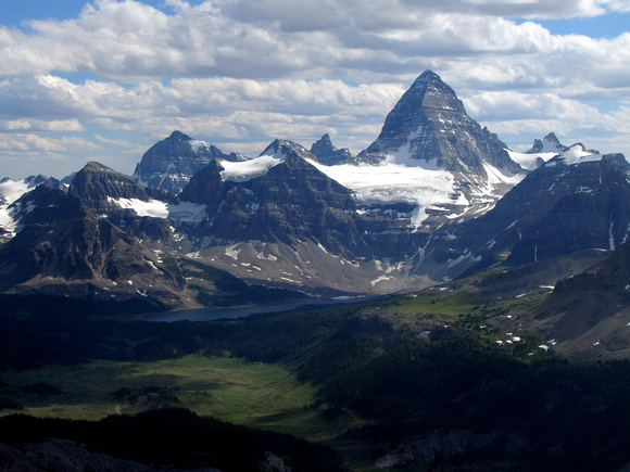 This was the view from my camp just below the summit. Lake Magog can be seen beyond the meadows. I absolutely love Mount Assiniboine from this angle!