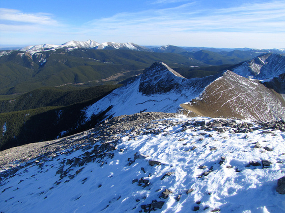 This really shows how Moose Mountain is isolated from the rest of the front ranges. Prairie Mountain is to the right of it and Belmore Browne is the dark peak in the center of this photo.