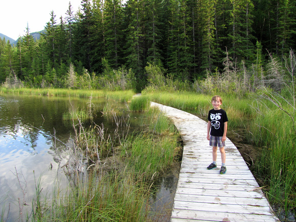 Riley walks along the floating bardwalk on the west end of Middle Lake.