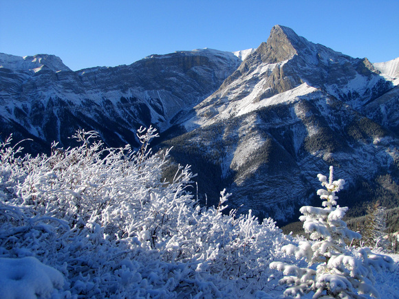 This is the view of Mount Fable from part of Exshaw Ridge. The Hoar Frost was incredible on this trip.