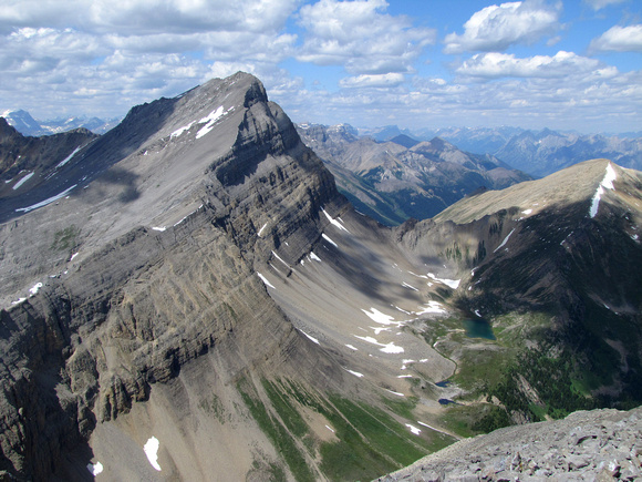 Here is a closer look at Nasswald. Mount Ball is the snow covered peak on the distant left and the mountains around the Lake O`Hara area can be seen beside it.