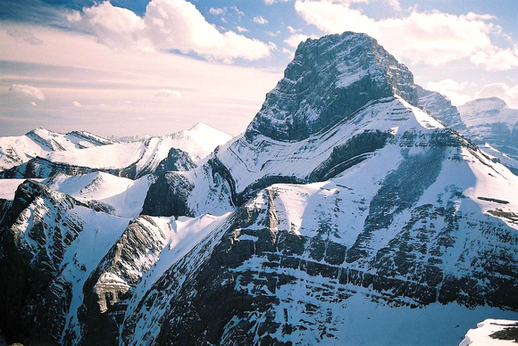 The north peak of Mount Lougheed as seen from the Windtower. Mounts Collembola and Allan are on the left and Sparrowhawk is to the right.